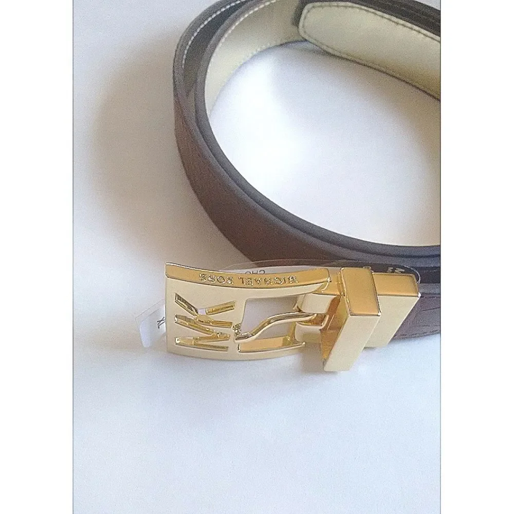 New! MICHAEL KORS MK Logo Women's Reversible Leather Belt Brown Gold Size Large